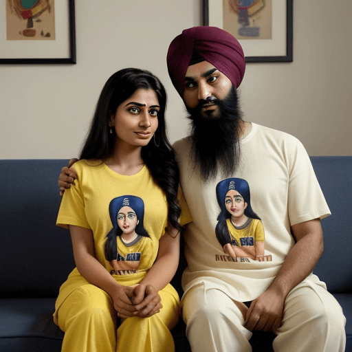 AI generated: a punjabi woman, with long hair in punjabi suit, and 
a sikh boy, both wearing same tshirt "ARSH" wr...