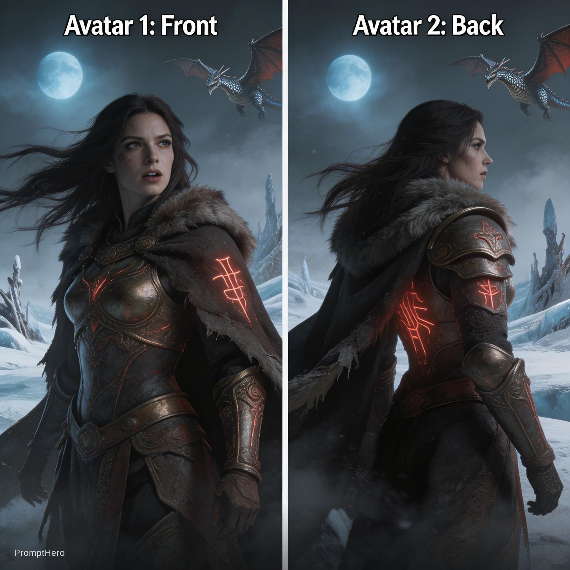AI generated: A seductive woman with a mysterious aura stands in a frozen wasteland, her lips parted as if whisper...