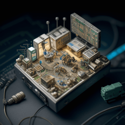 AI generated: A stunning hyperrealistic depiction of a microscopic community living on a circuit board. This capti...