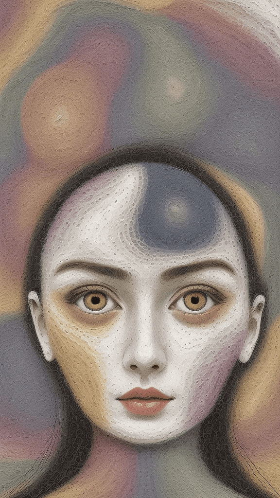 AI generated: a woman is shown with white circles surrounding her face, in the style of colorful impasto, three-di...