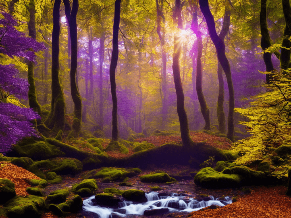 AI generated: Enchanted Forest, lush, autumn colours, lord of the rings, day time, giant trees, purple sun rays th...