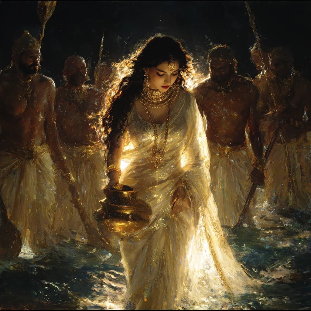 AI generated: **Hyperrealistic. dramatic lighting, Full Moon lighting. A breathtakingly beautiful indian woman, in...