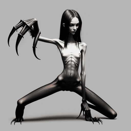 AI generated: extreme skinny slender girl, with long curved claws, skinny legs and long skinny calves in high heel...