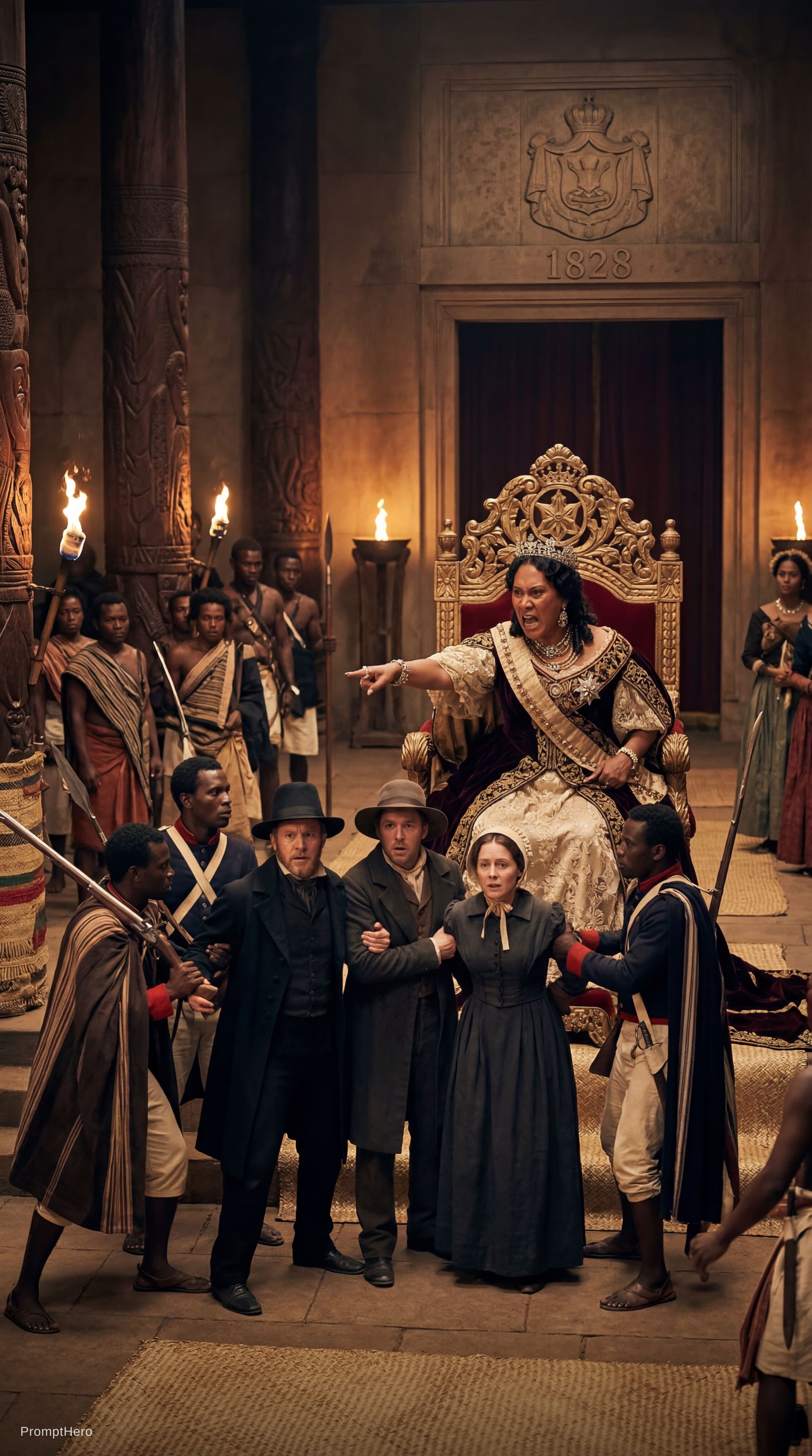 AI generated: mad queen of madagascar banishes christian missionaries in 1828 on her royal throne. She points a fi...