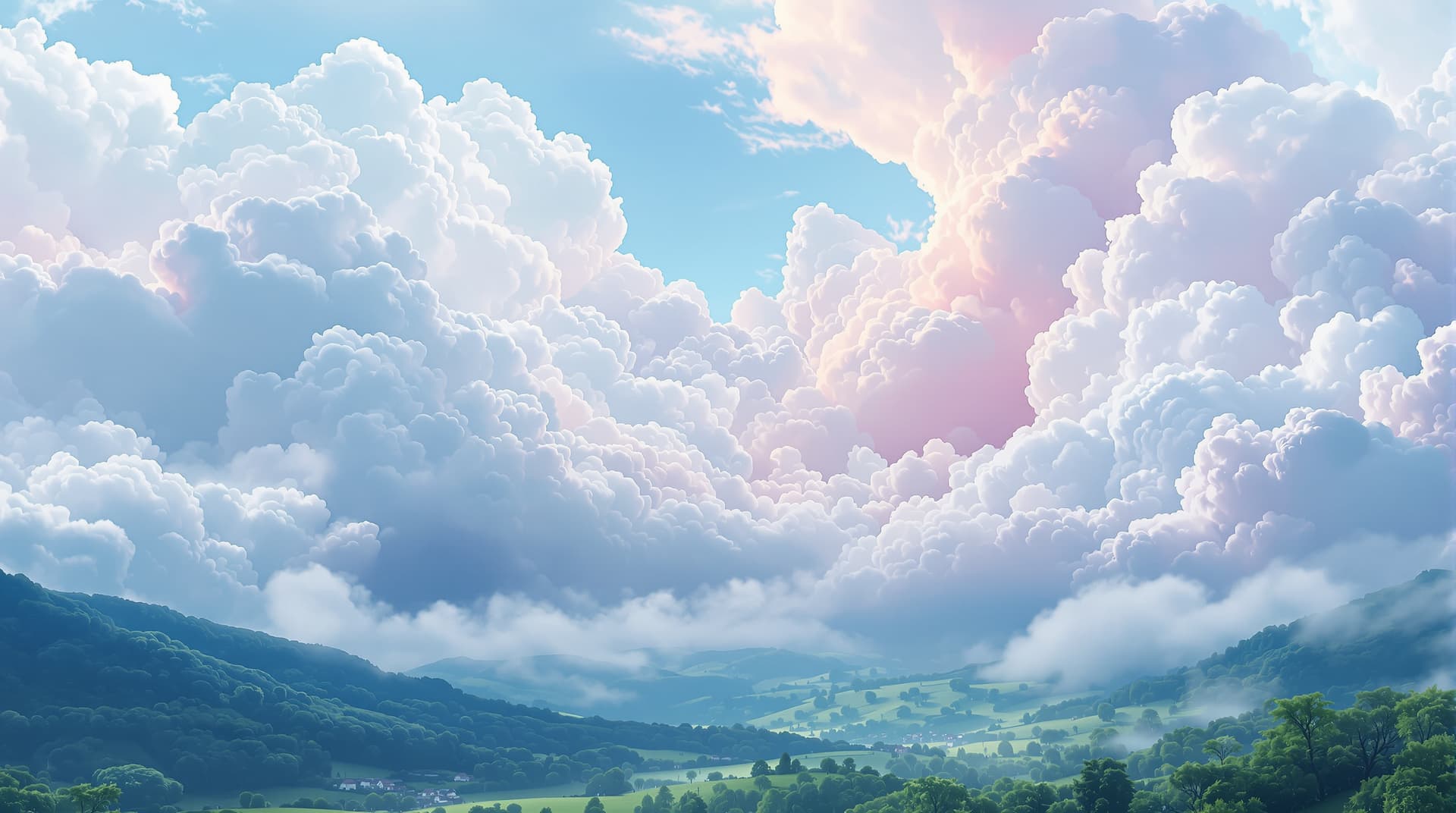 AI generated: A breathtaking surrealism valley landscape, where white clouds graduate into soft hues, greets the v...