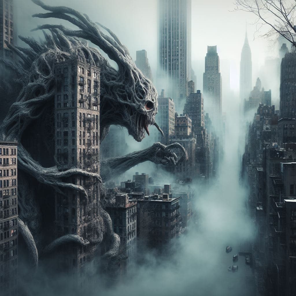 AI generated: New York in a world inspired by the architecture and design of H.R. Giger and H.P. Lovecraft, the li...