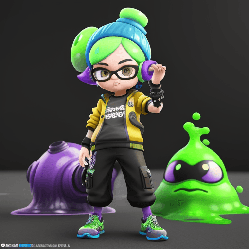 AI generated: splatoon 3 character model, street style, unreal engine 5, green slime melt, blue and purple and yel...