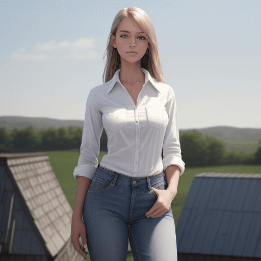 AI generated: white shirt, jeans,  country girl, standing on roof (detailed skin 1,0) 