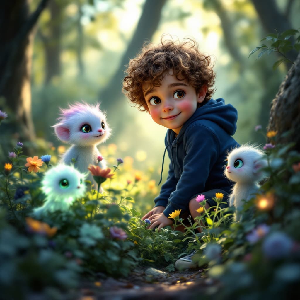 AI generated: A 7-year-old boy with curly brown hair and hazel eyes, wearing a navy blue hoodie, black shorts, and...