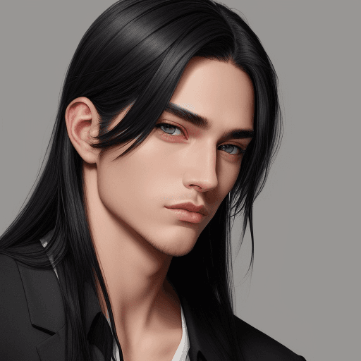 AI generated: man, handsome, boyish, pretty, grey eyes, long black hair