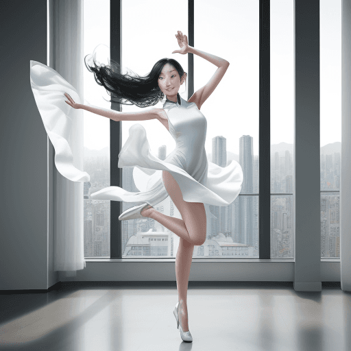 AI generated: A beautiful chinese woman is standing inside a modern room with large windows that show a city scape...