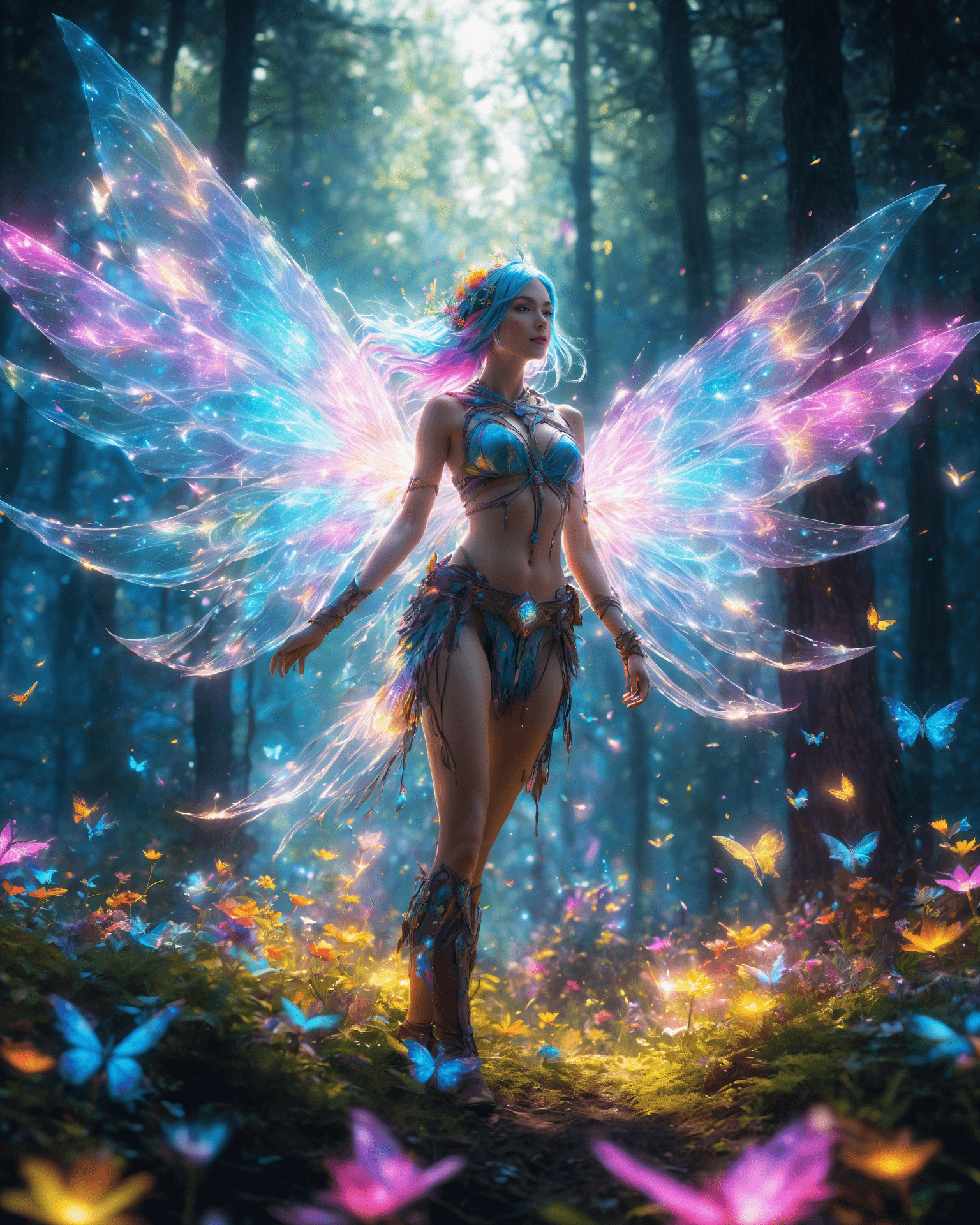 AI generated: Magical Forest scenery, chronomancer(a female), a time-manipulating mage,clean skin, particles of li...