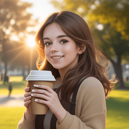 AI generated:  brown haired girl, sunny day in park, she holds a takeaway coffee in his hands, sunrise, in light, ...