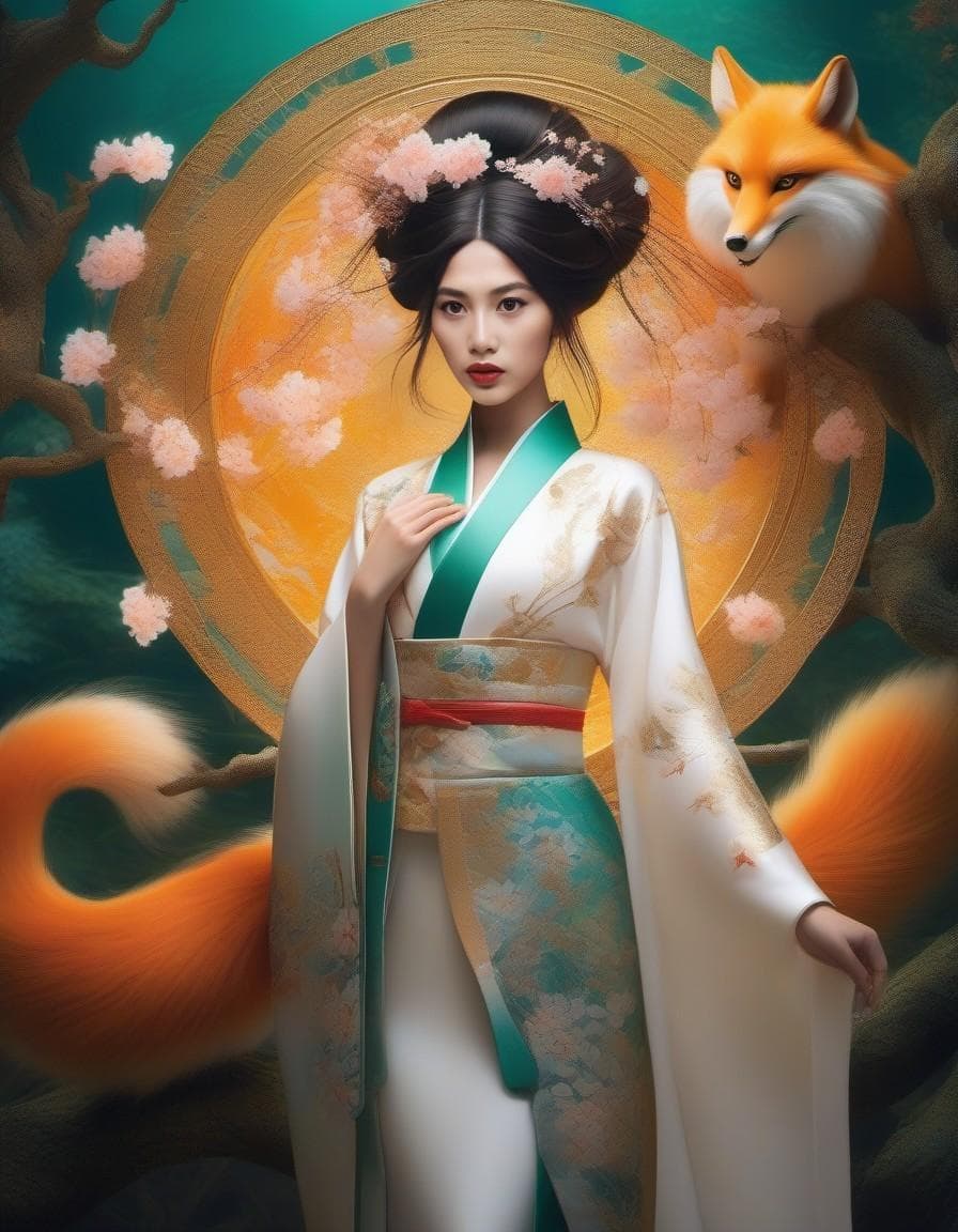 AI generated: In this hyper-maximalist masterpiece, a breathtaking image of the ultimate (nine-tailed fox girl) un...