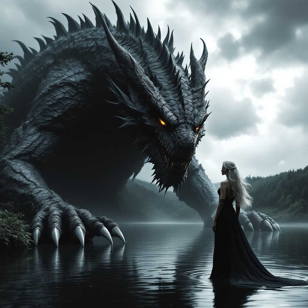 AI generated: A dark and dramatic scene of a massive, menacing dragon with sharp, spiked scales and glowing amber ...
