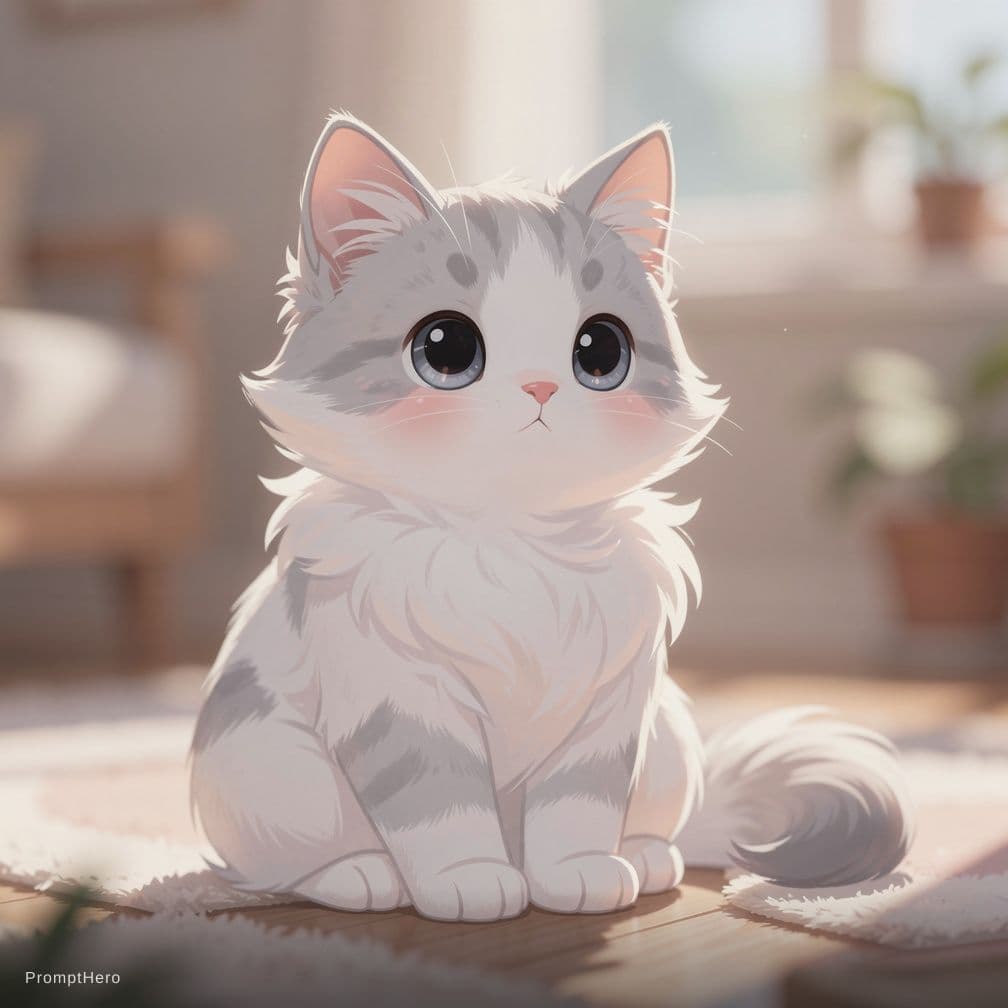 AI generated: white and gray cat, soft fluffy fur like rabbit, digital art, illustration style, cute expression, s...