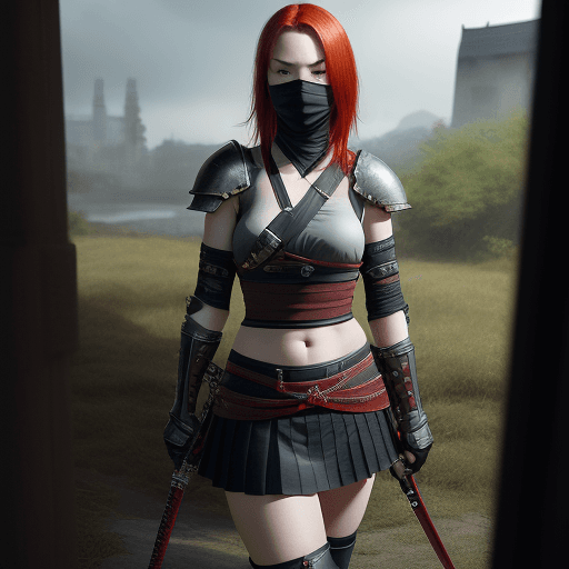 AI generated: Lowland girl, red hair, full body, looking at the camera, ninja samurai, photorealism, daylight, bea...