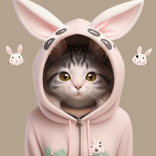 AI generated: A whimsical and adorable close-up portrait of a cat wearing a quirky hoodie bunny jacket. The cat's ...