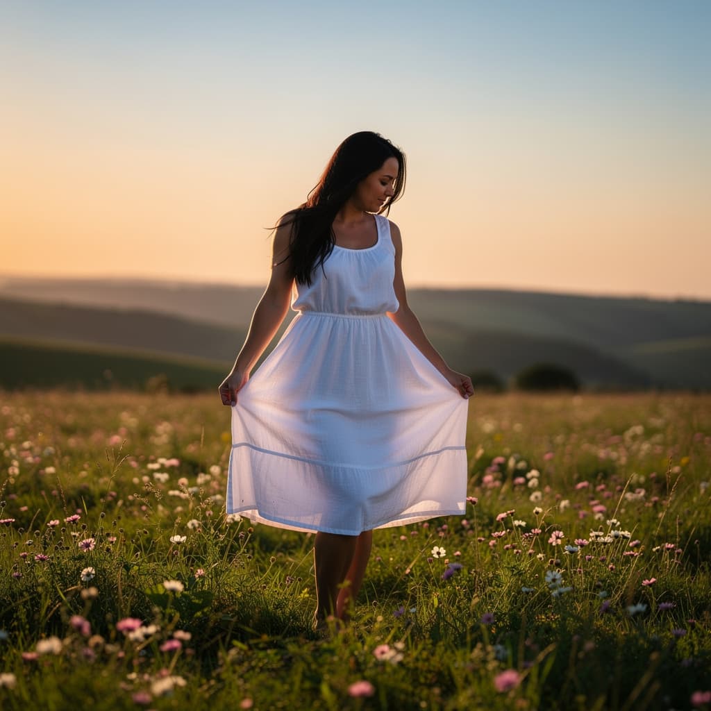 AI generated: A fit adult woman in a white sleeveless dress stands amidst a lush green field dotted with pink and ...