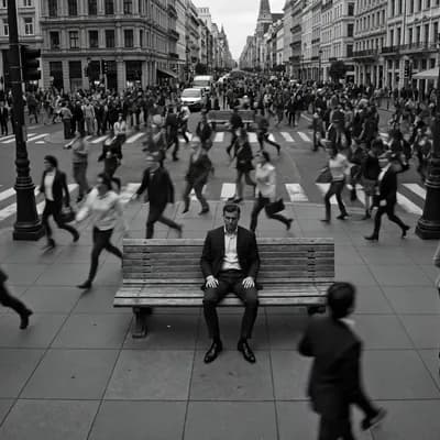 AI generated video: Cinematic black and white scene of a crowded city street viewed from above, hundreds of people rushi...