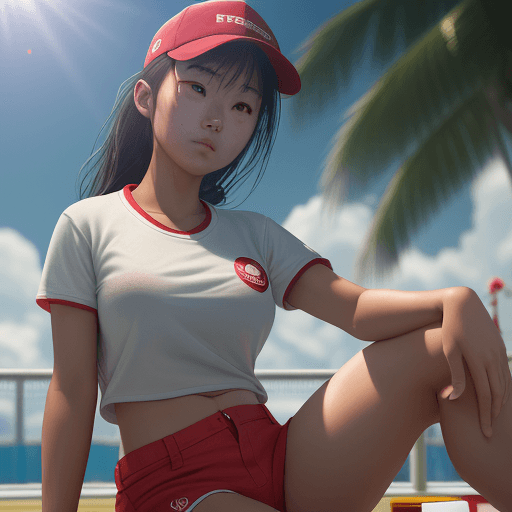AI generated: (Asian girl as a lifeguard, sitting in the sun, lifeguard tower, plain white shirt, red shorts), 8k,...