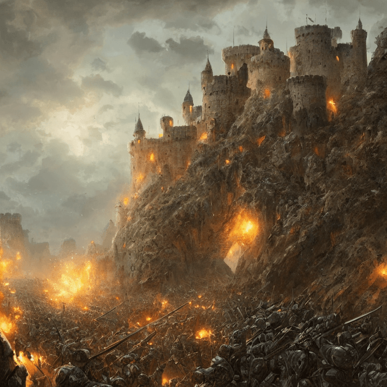 AI generated: army defending stone bridge of a castle from a large attacking force, digital art, 4 k, epic, intens...