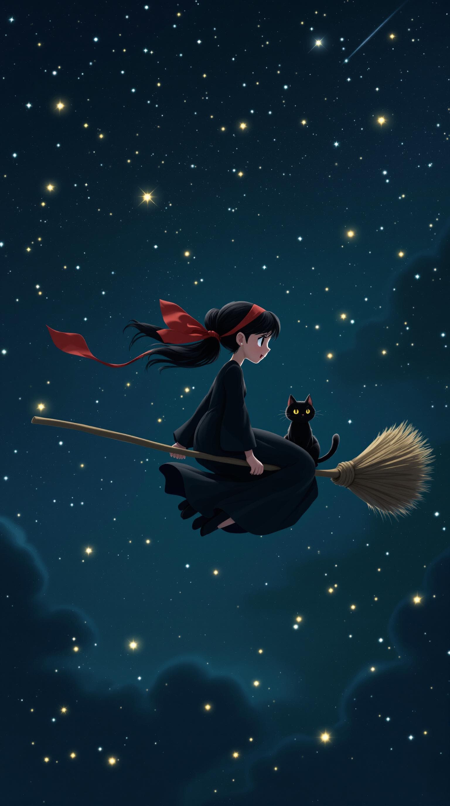 AI generated: Create an animated scene of a girl flying through the night sky on a broomstick. Her black hair, tie...