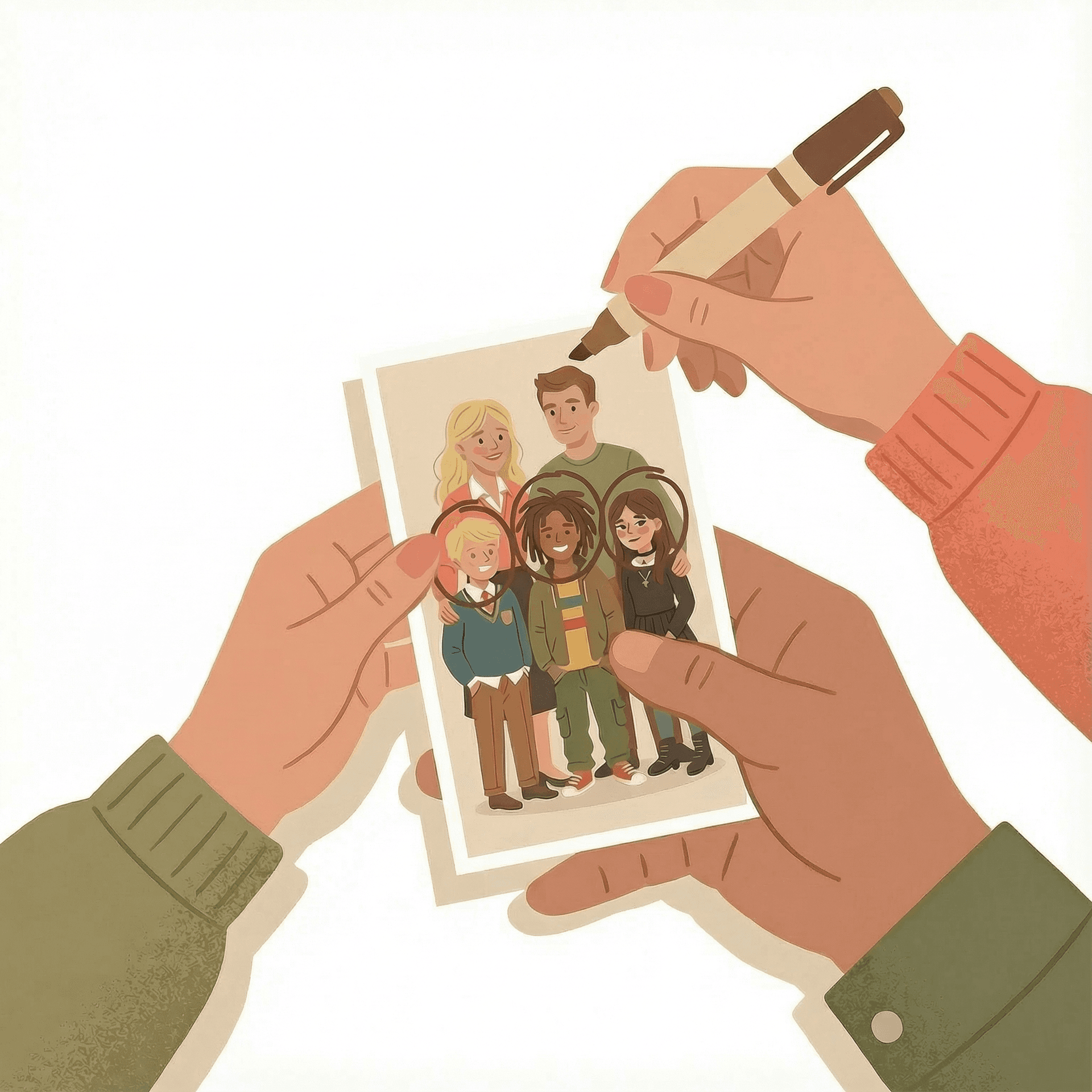 AI generated: flat vector illustration of two feminine hands drawing circles with marker around three children's h...