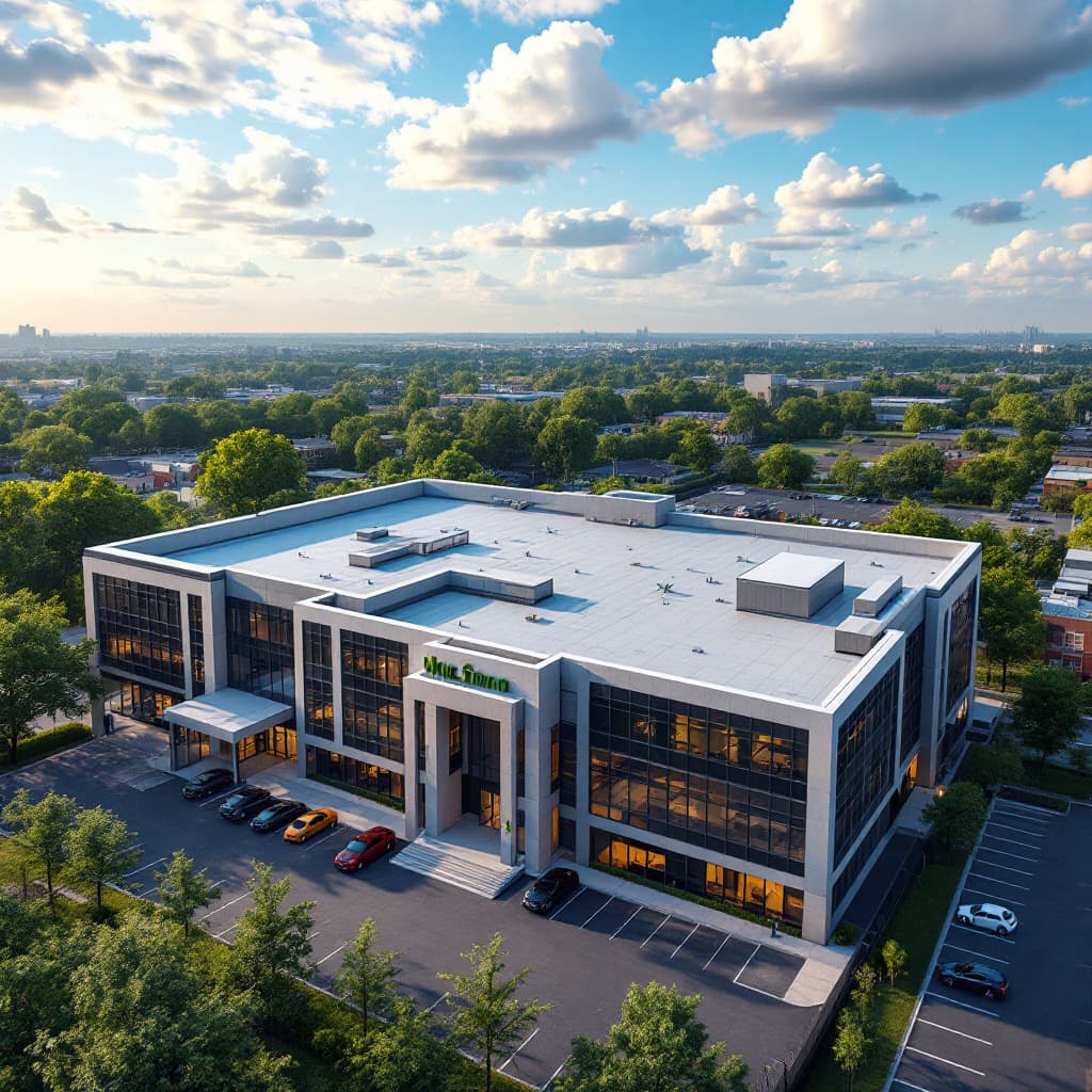 AI generated: ultra realistic photograph close up of high-end commercial building with a new flat roof - . beautif...