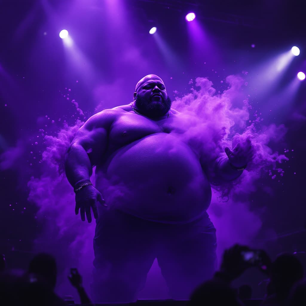 AI generated: dave blunts a big very very fat bald black rapper turning purple whilst floating on a stage of a con...
