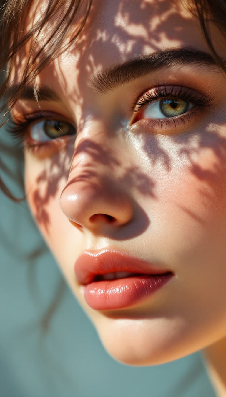 AI generated: In a hyperrealistic style, a European woman’s portrait showcases stunning details, floral shadows gr...