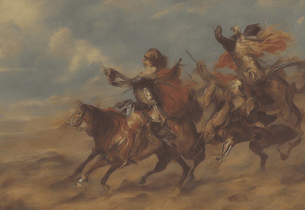 AI generated:  a  king riding a horse in a battlefield, 
