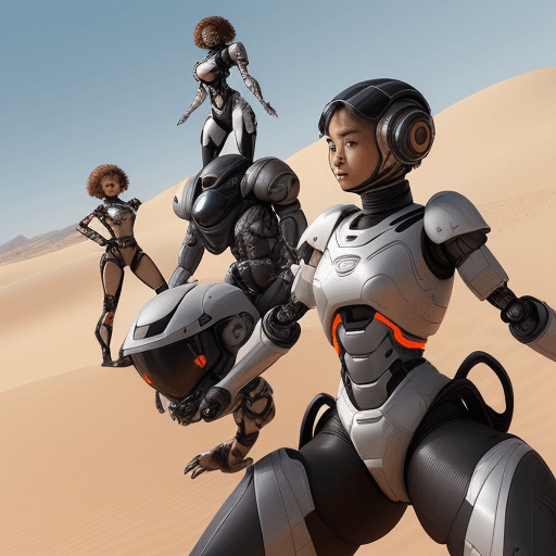 AI generated: an illustration of a Create image of a dynamic angle view shot, at the desert, Three Malay girls, 17...