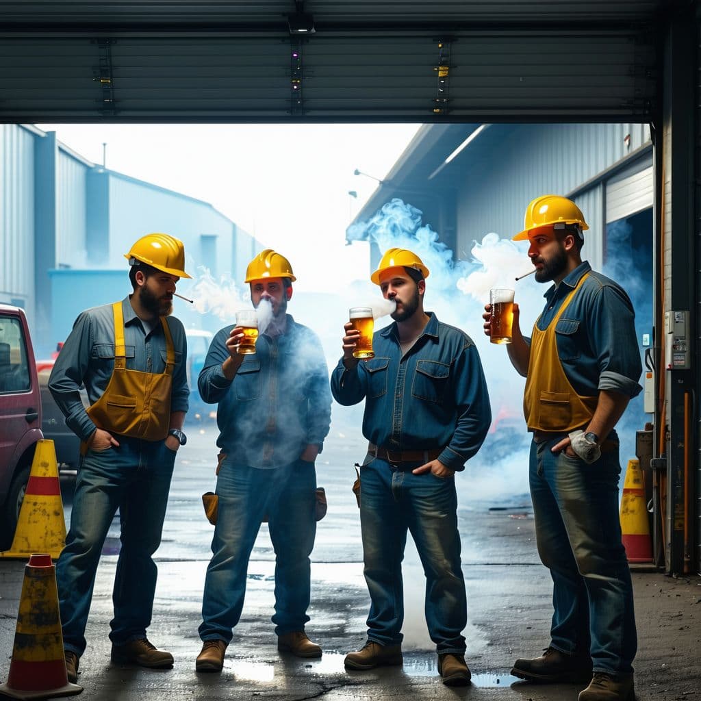 AI generated: In the photo, five workers are standing at the entrance to the factory and looking at the camera whi...
