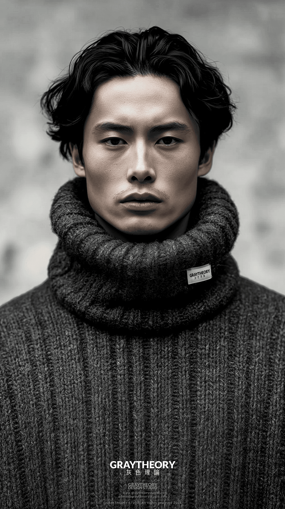 AI generated: front view, capture a turtleneck,technical materials, asian model, fabric small point label on text ...