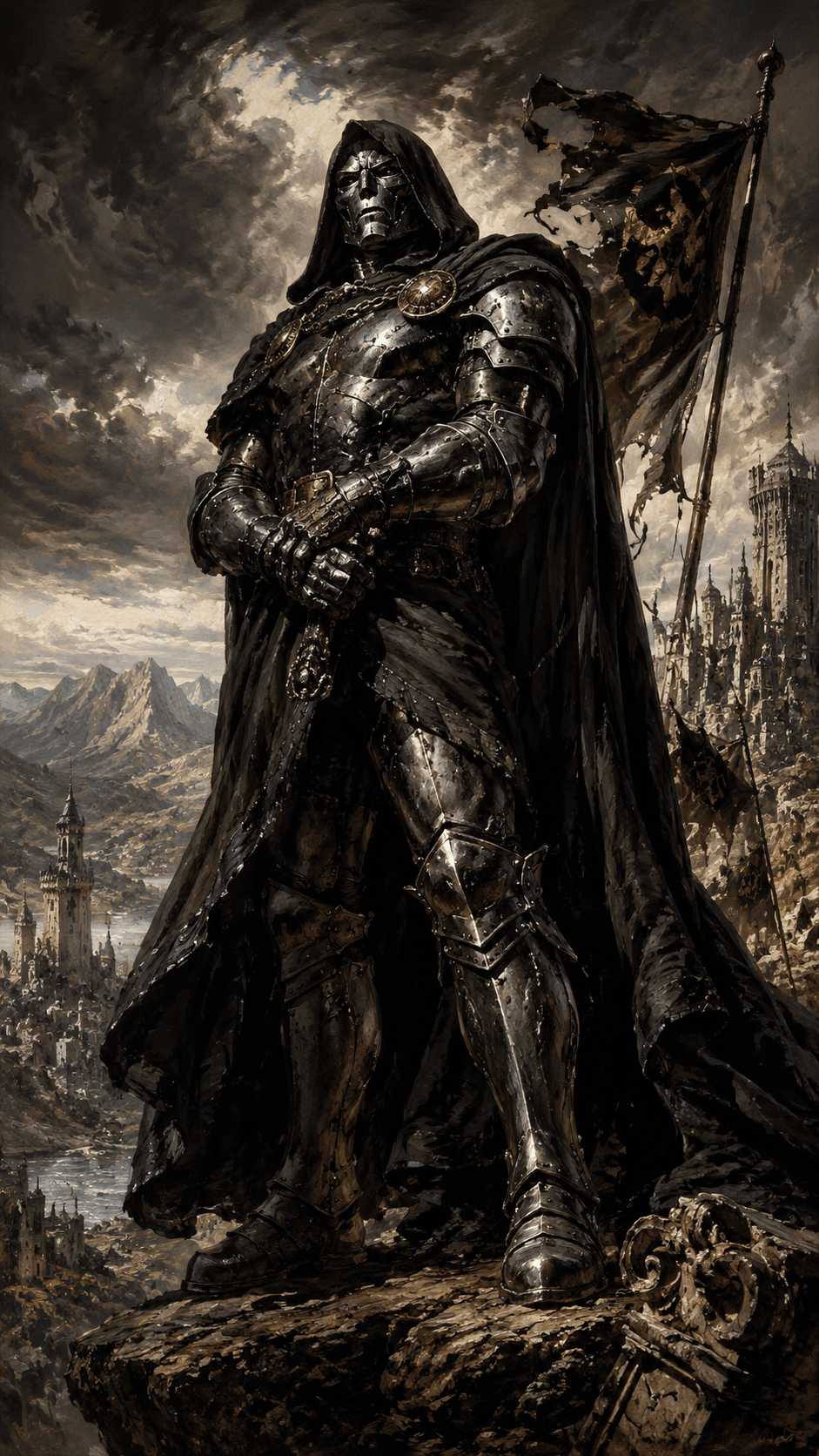 AI generated: Towering imposing man standing in a commanding full-body pose, 9:16 vertical composition, approximat...