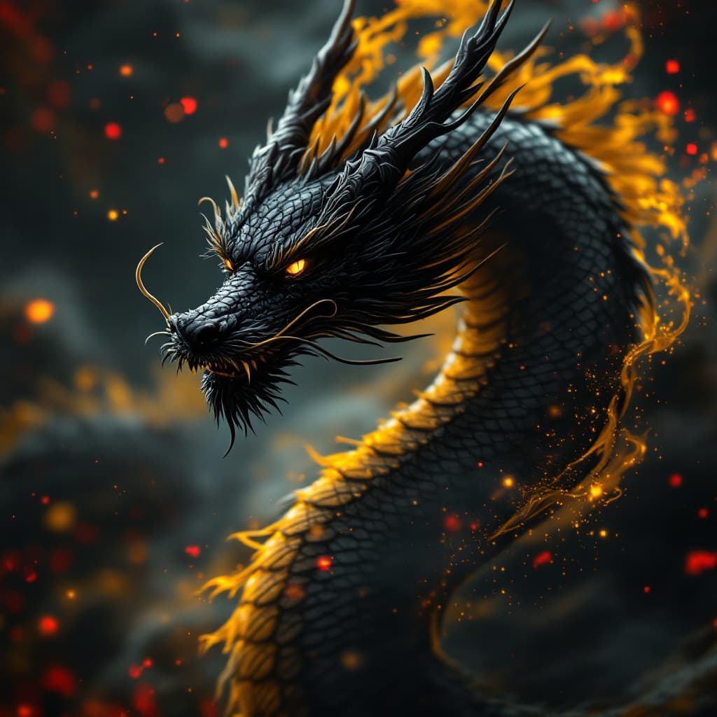 AI generated: A Chinese black dragon,full body detail of dragon scalesdark background black and yellow and red,cre...
