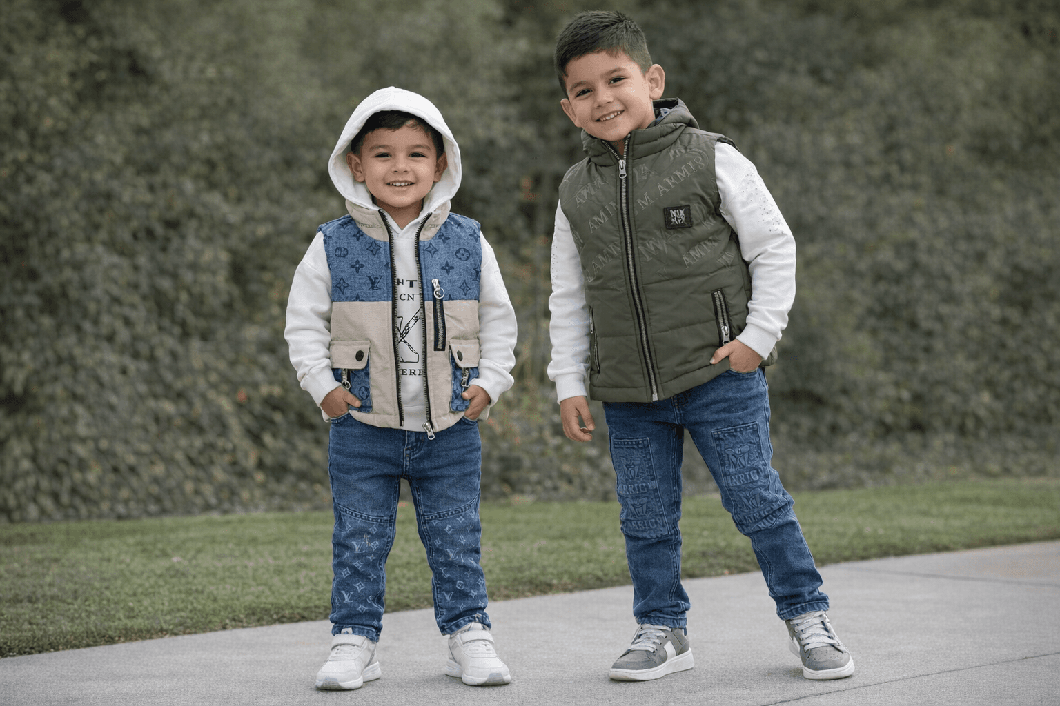 AI generated: Complete image of 2 boys of 4 and 6 years old from head to foot .with different position having this...