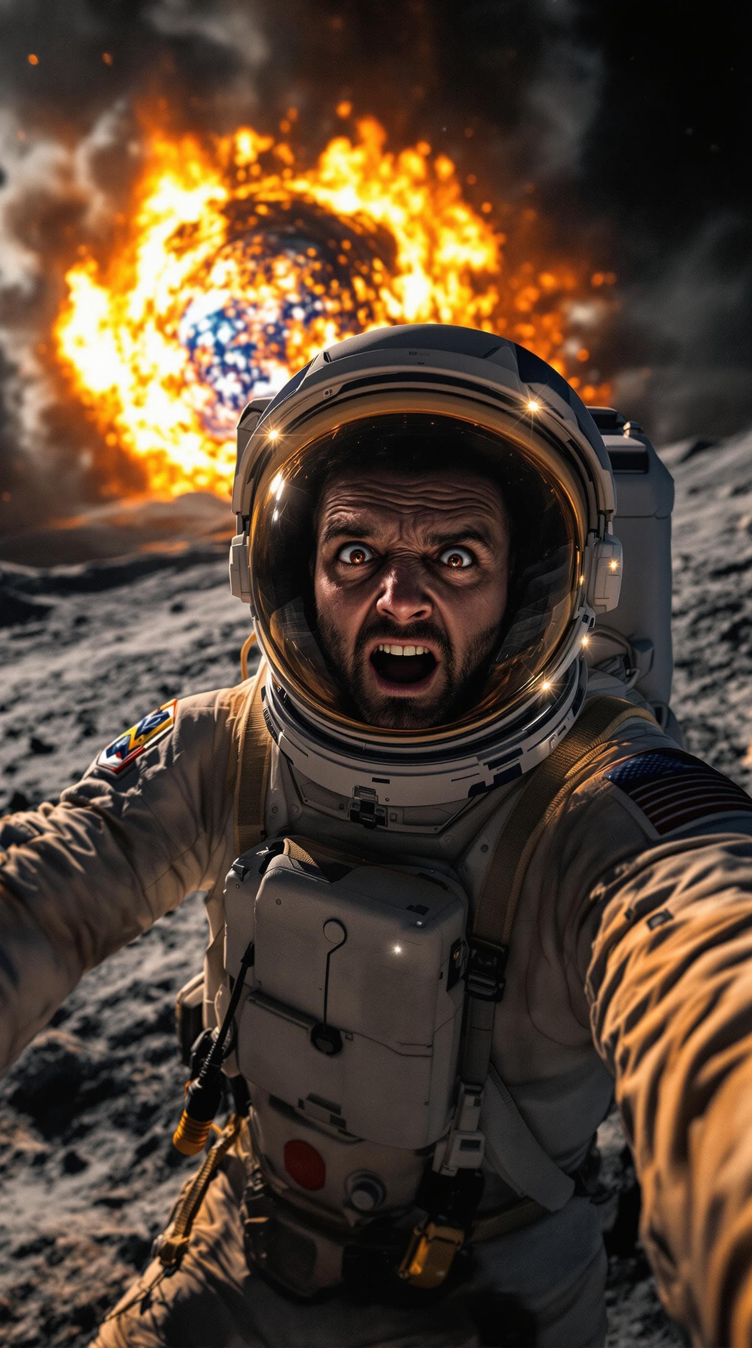 AI generated: An astronaut taking a selfie on the desolate moon, capturing a violently exploding Earth visible beh...