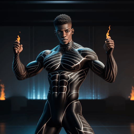 AI generated: a very athletic built male , engulfed in flames, lloks like Johnny blaze, full body, black fire cove...