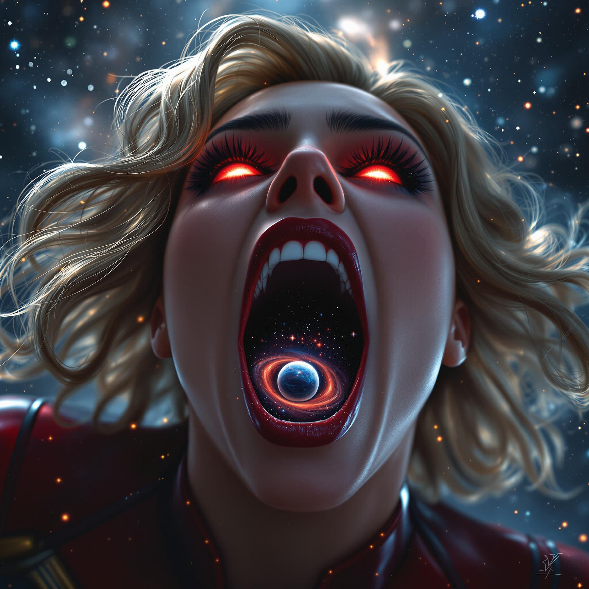 AI generated: enormous giantess captain marvel
bigger than a galaxy floating in space, minuscule galaxy in front o...