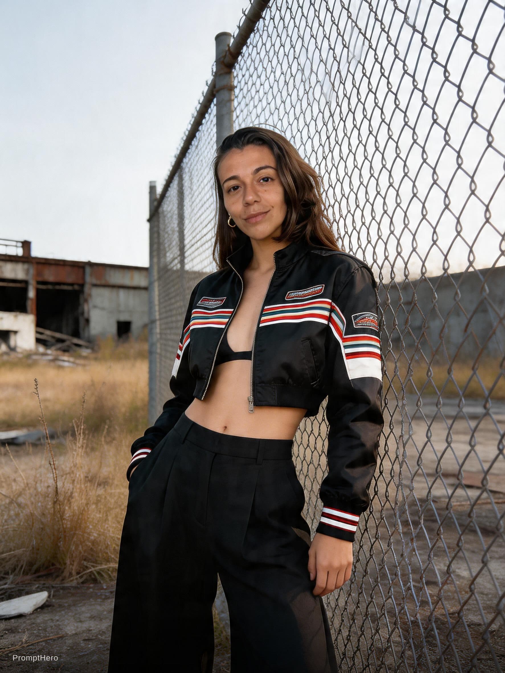 AI generated: Fashion photo of a Female model with boyish silhouette wearing cropped racing jacket and wide-leg pa...