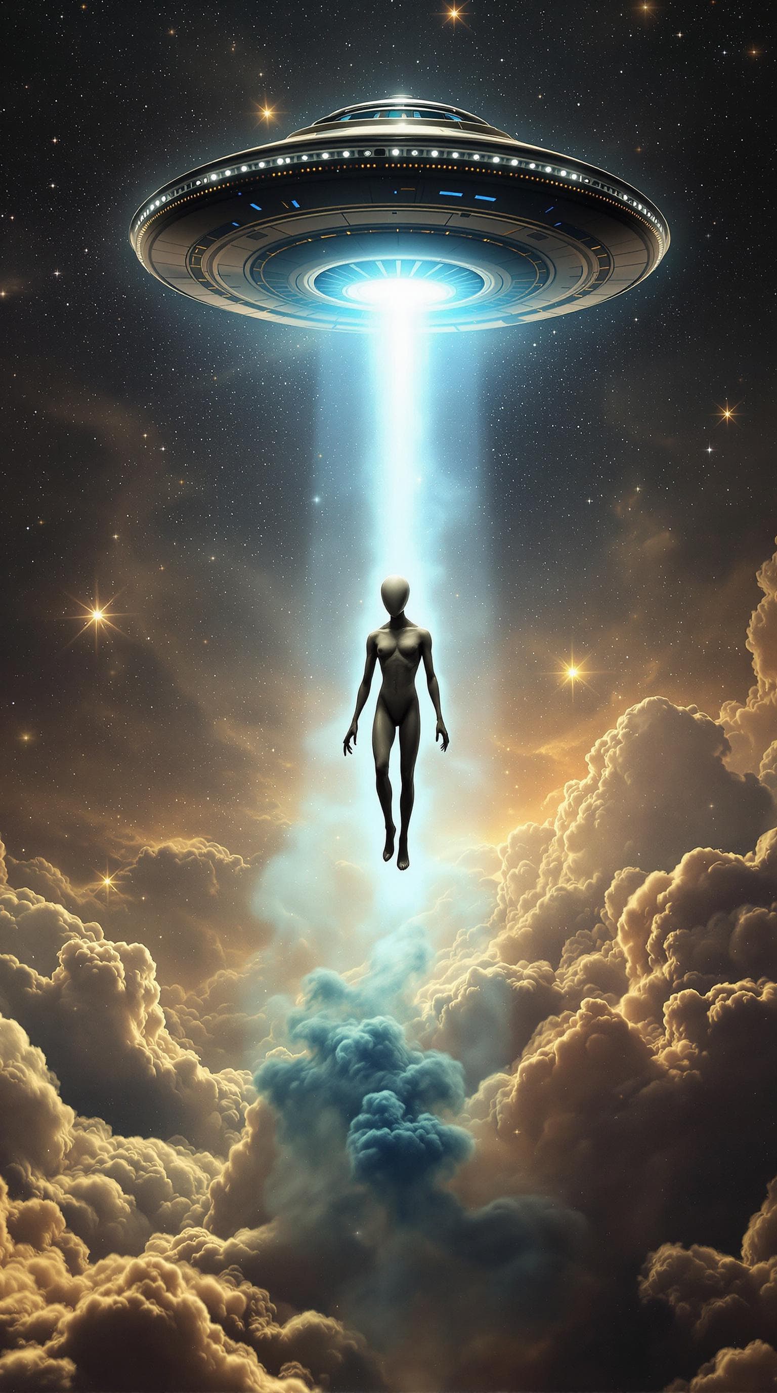 AI generated: A vast cosmic landscape with nebulous clouds, radiant stars, and a mysterious UFO hovering above. Em...
