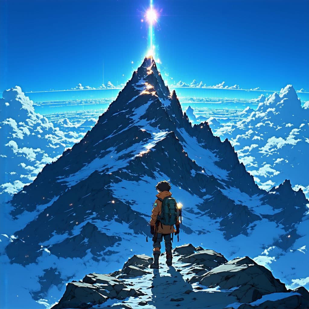 AI generated: An anime-style scene of a lone climber reaching the summit of an impossibly tall, jagged mountain at...