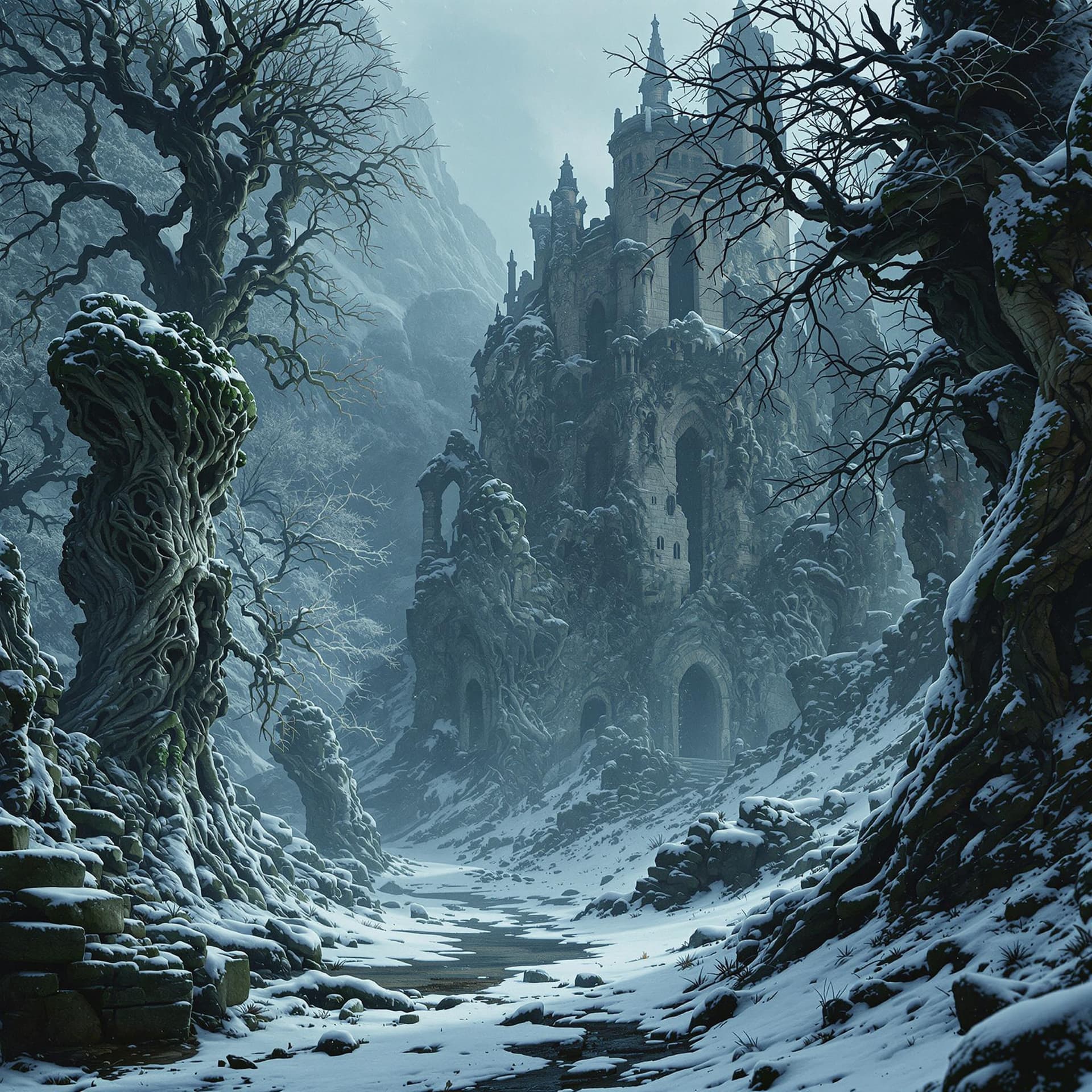 AI generated: "A still from an epic medieval film, featuring a mysterious winter forest and a ruined castle. In th...