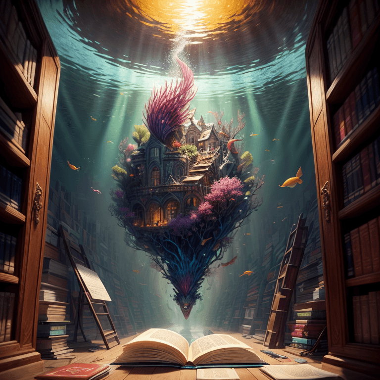 AI generated: (best quality, 8k, masterpiece:1. 2), sharp focus, a surreal underwater library, a submerged library...