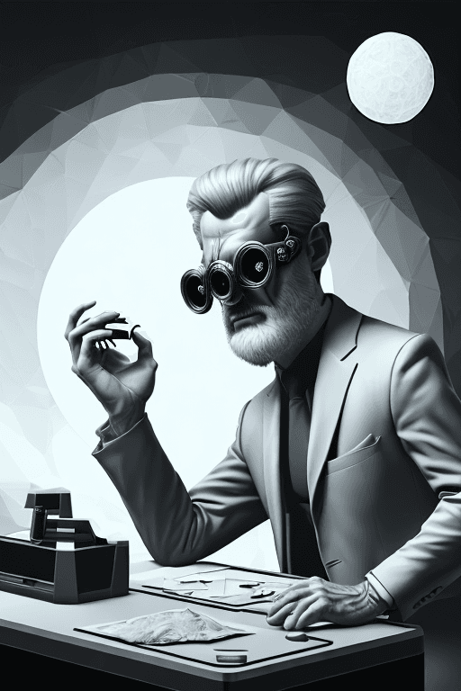 AI generated: A shockingly detailed monochromatic vector illustration of "Mr. Wolfe" examining a strange and other...