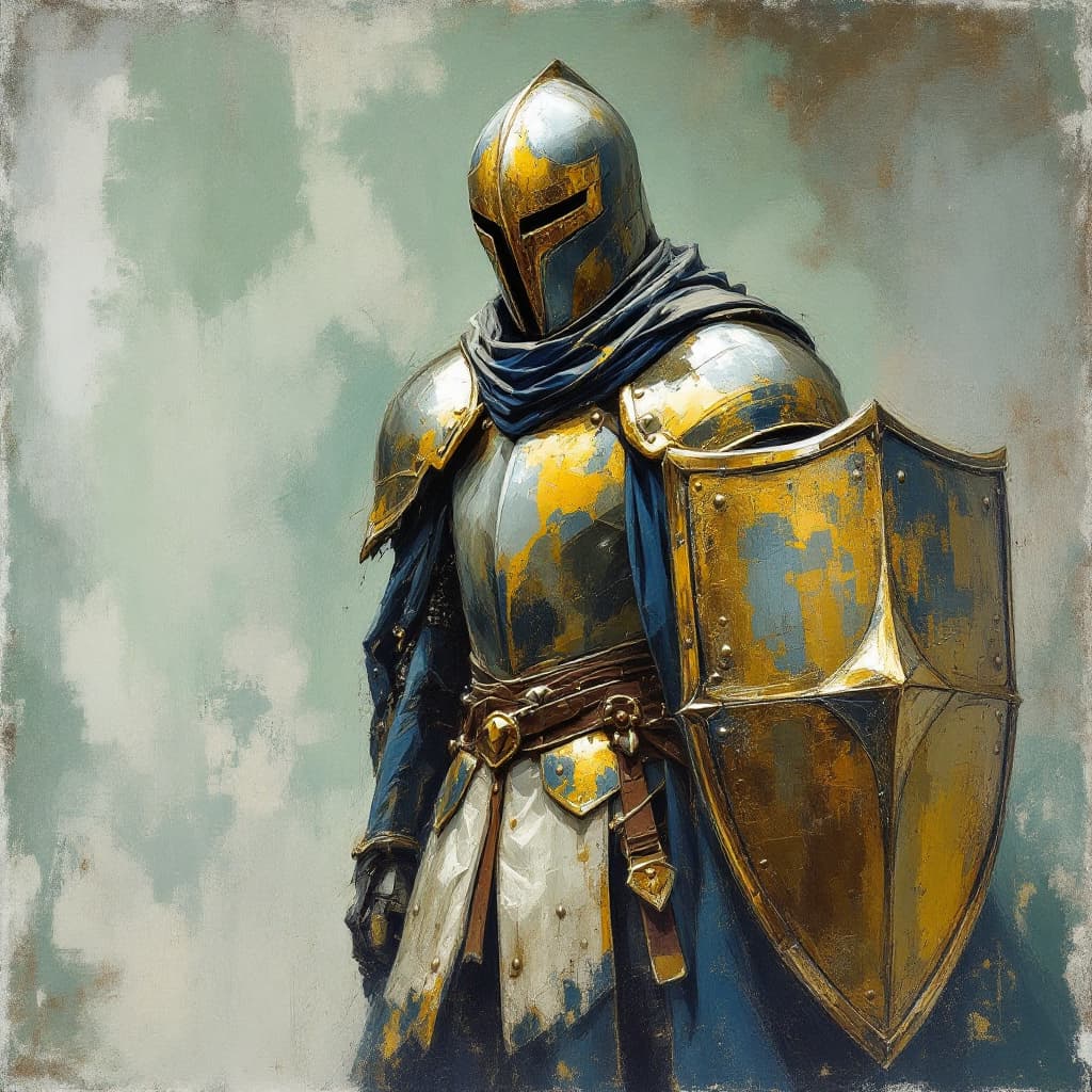 AI generated: a drawing of a knight with shield and cloak, in the style of adventure pulp, dark white and bronze, ...