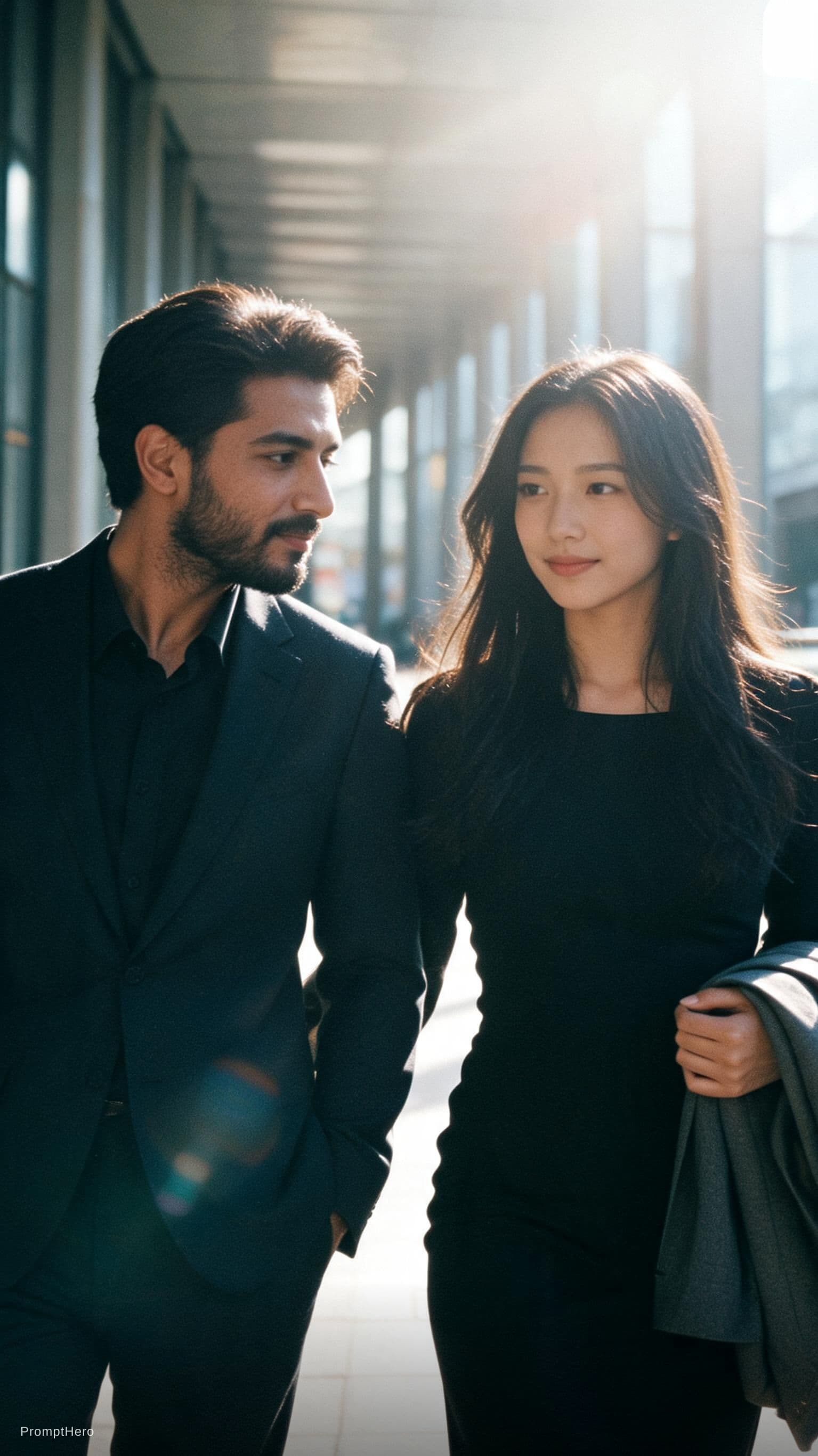 AI generated: A cinematic candid medium shot portrait of a man and a woman walking side by side along a bright urb...