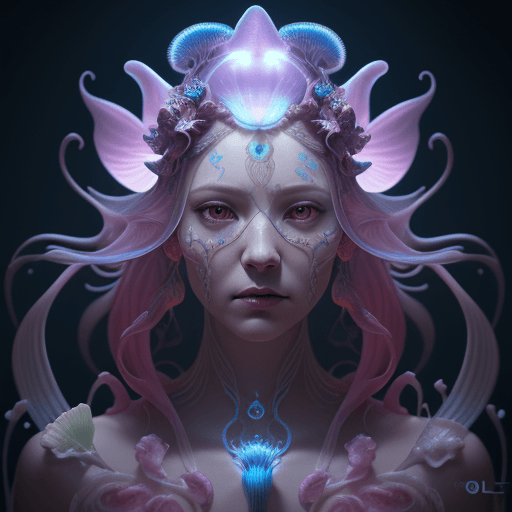 AI generated: Goddess close-up portrait ribcagel. jellyfish phoenix head, nautilus, orchid, skull, betta fish, bio...